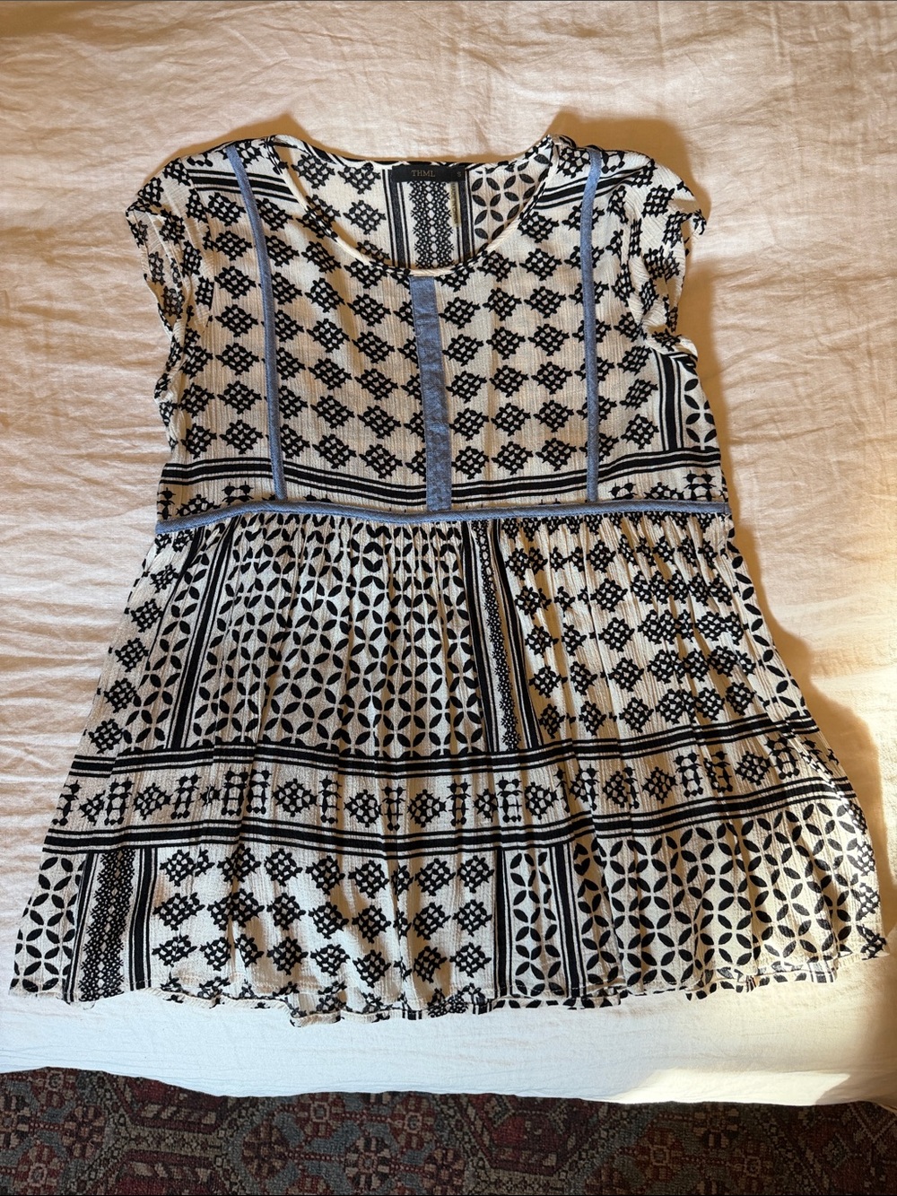 THML Black & White Patterned Peplum Tunic with Light Blue Trim